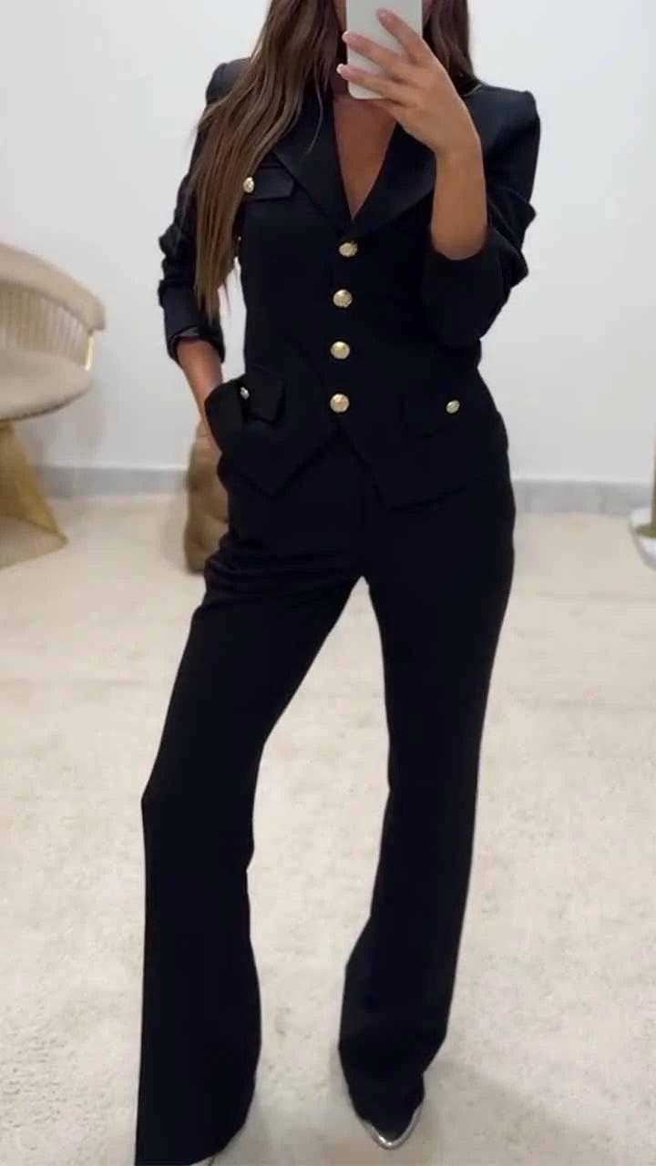 Ekim Store Gold Düğmeli Kemerli İkili Blazer Takım
