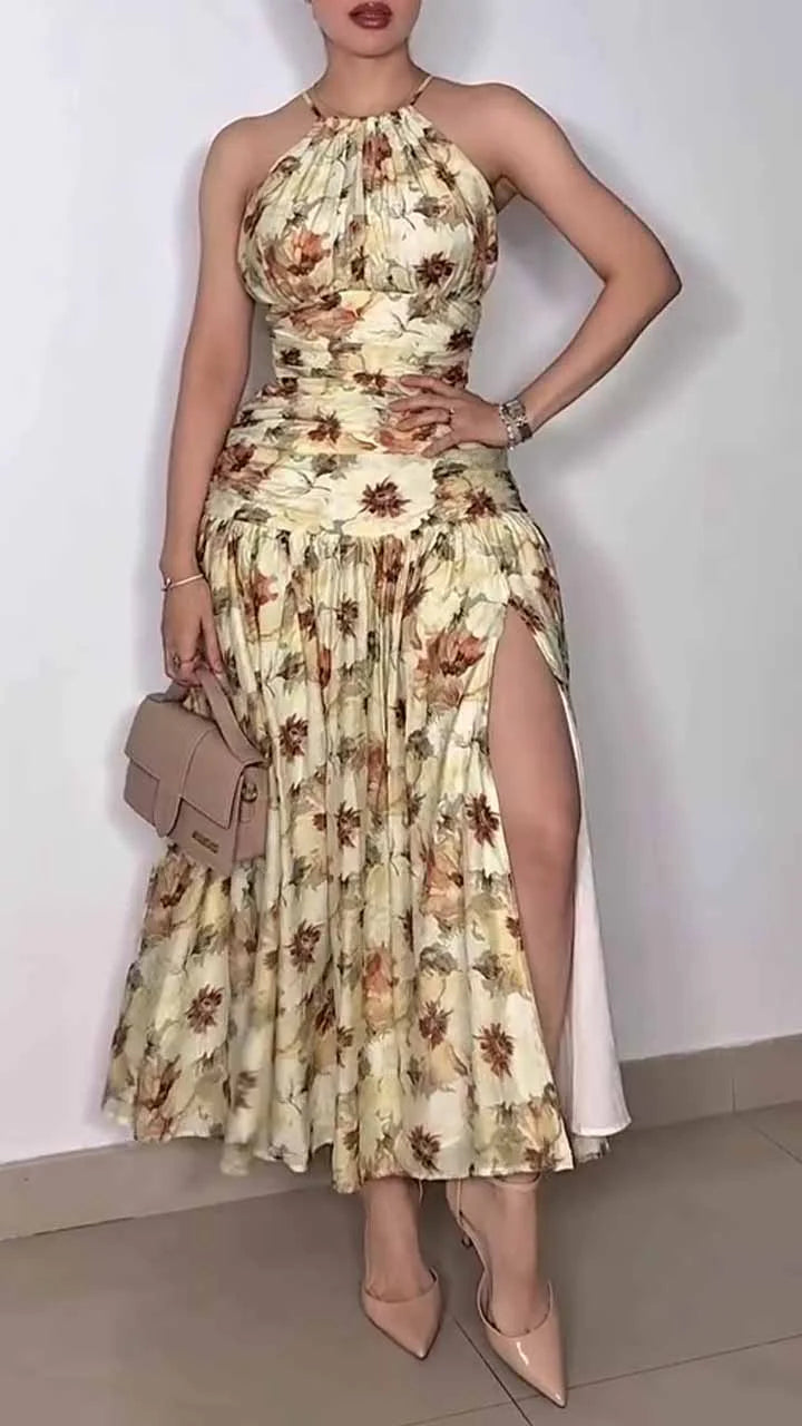 Summer Floral Print Ruched Halter Midi Dress