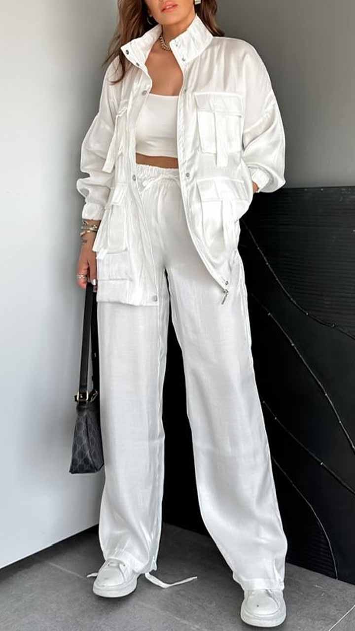 Msendam Kadın Oversize Safari Ceketli Parlak Takım -(pantolon / ceket)