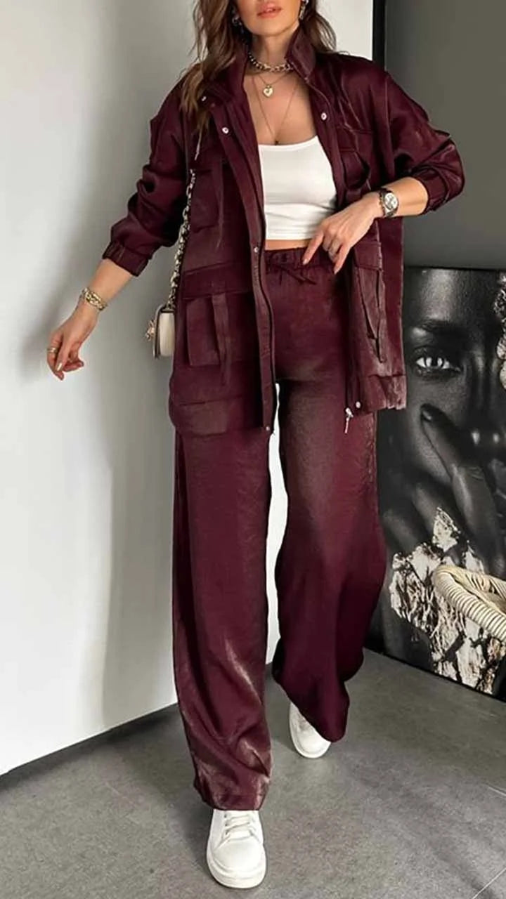 Msendam Kadın Oversize Safari Ceketli Parlak Takım -(pantolon / ceket)