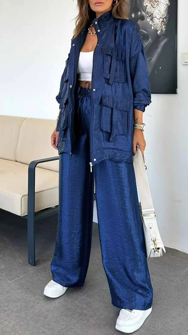 Msendam Kadın Oversize Safari Ceketli Parlak Takım -(pantolon / ceket)