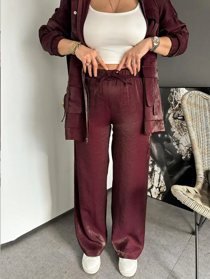 Msendam Kadın Oversize Safari Ceketli Parlak Takım -(pantolon / ceket)