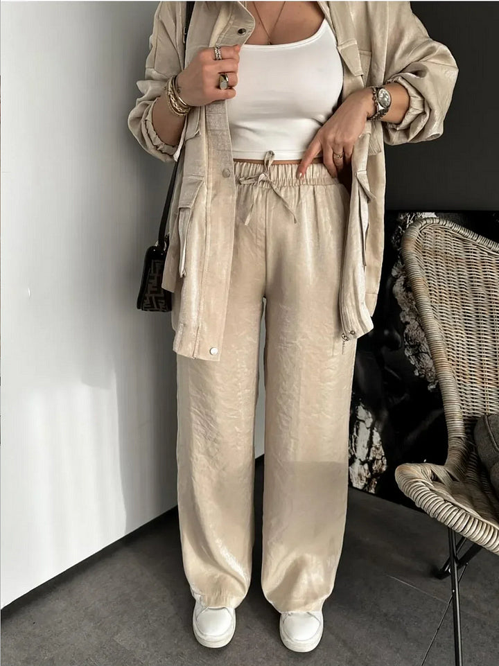 Msendam Kadın Oversize Safari Ceketli Parlak Takım -(pantolon / ceket)
