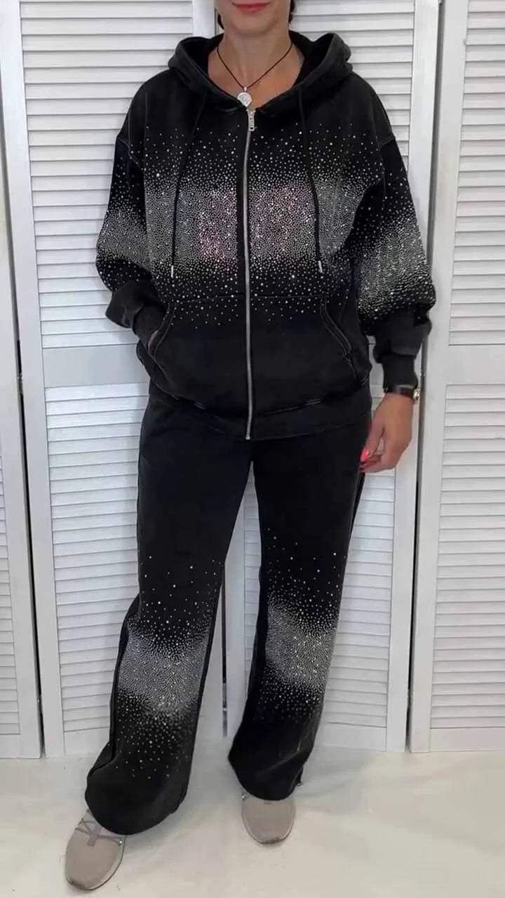 Women's fashion, hoodie, hot diamond print, wide-leg straight trousers, casual trousers and suits