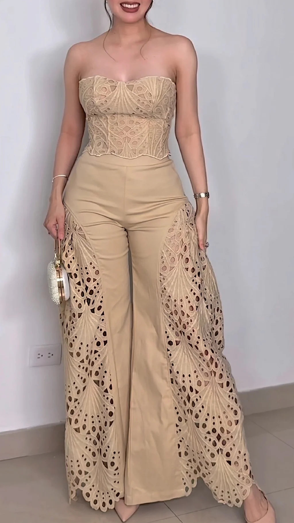 Sexy Strapless Hollowed Top Pants 2 Piece Set Women Chic Sol