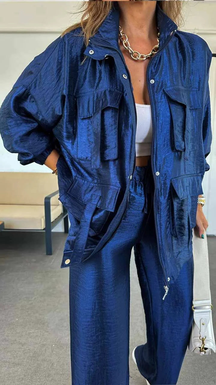 Msendam Kadın Oversize Safari Ceketli Parlak Takım -(pantolon / ceket)