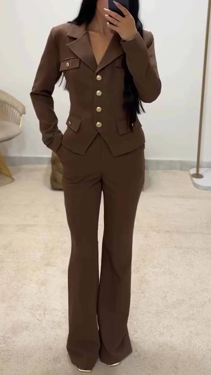 Ekim Store Gold Düğmeli Kemerli İkili Blazer Takım