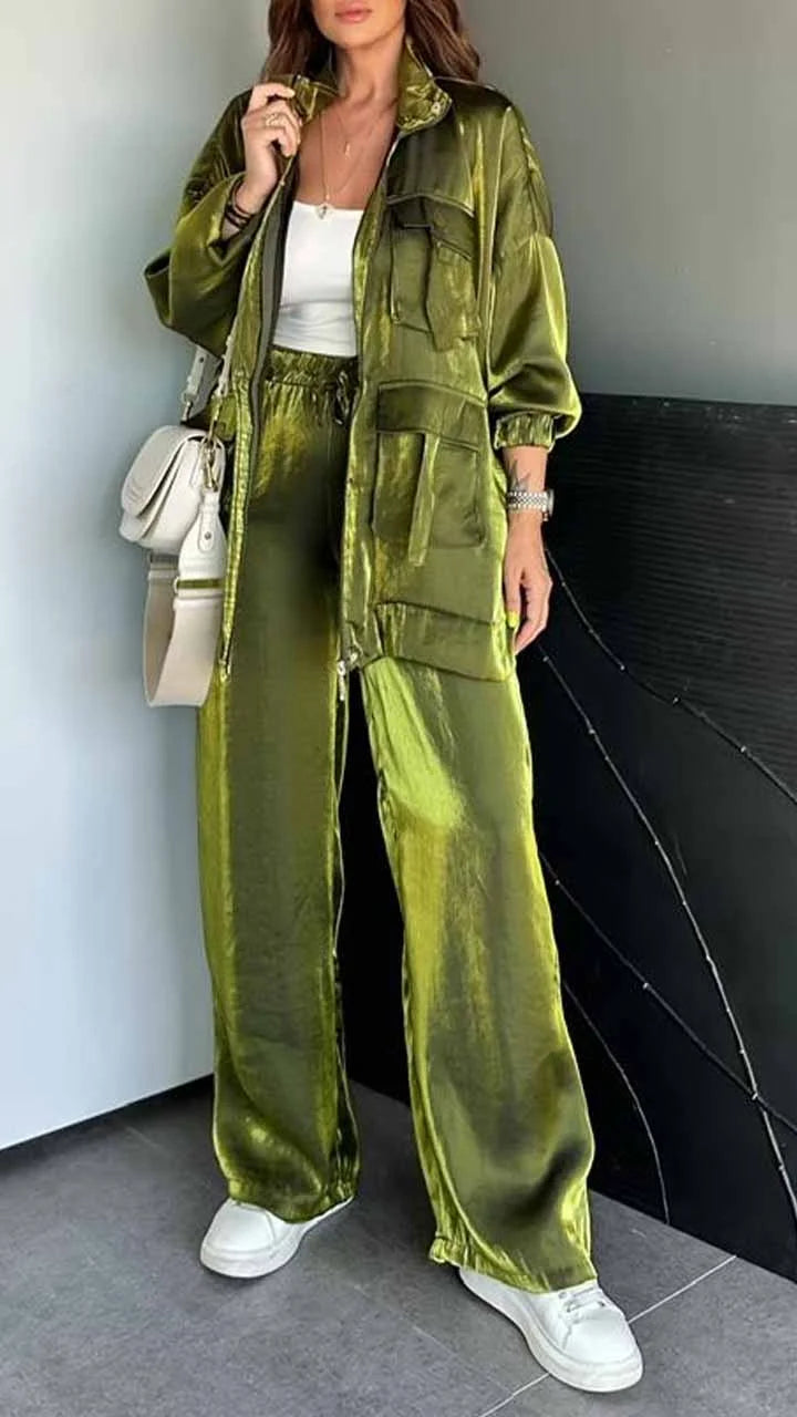 Msendam Kadın Oversize Safari Ceketli Parlak Takım -(pantolon / ceket)