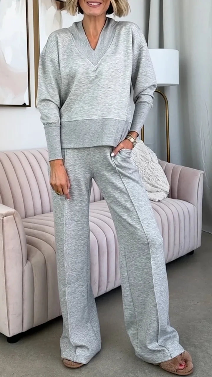 Women's V-neck two-piece set, women's sweatshirt set, autumn clothing
