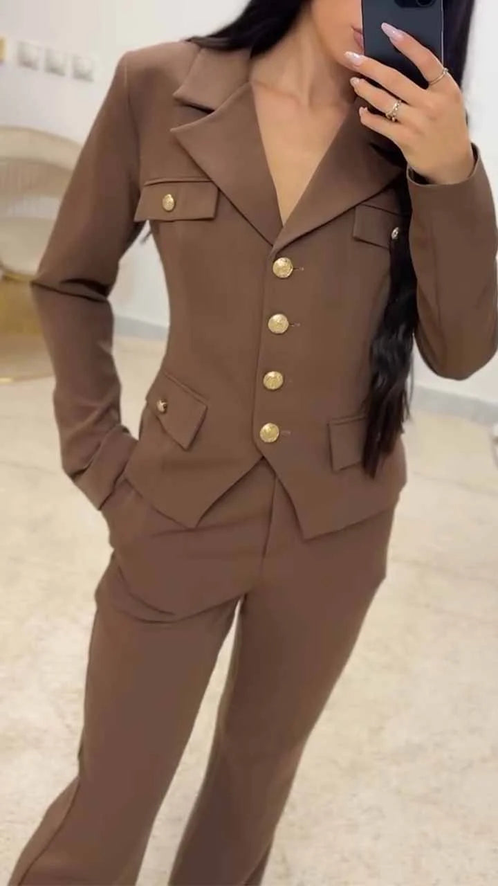 Ekim Store Gold Düğmeli Kemerli İkili Blazer Takım