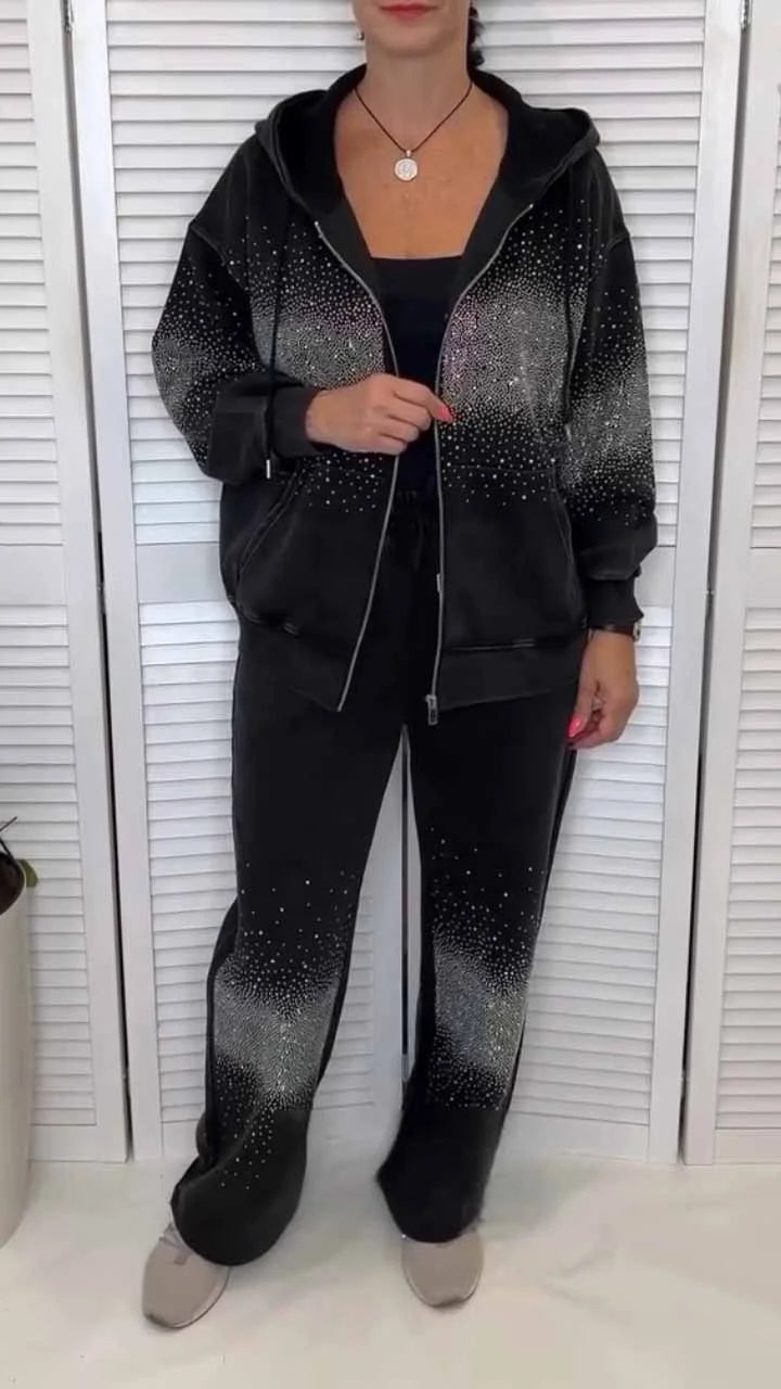 Women's fashion, hoodie, hot diamond print, wide-leg straight trousers, casual trousers and suits
