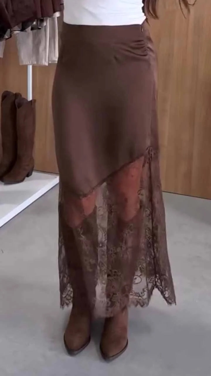 Satin Lace Patchwork High Rise H-line Maxi Skirt