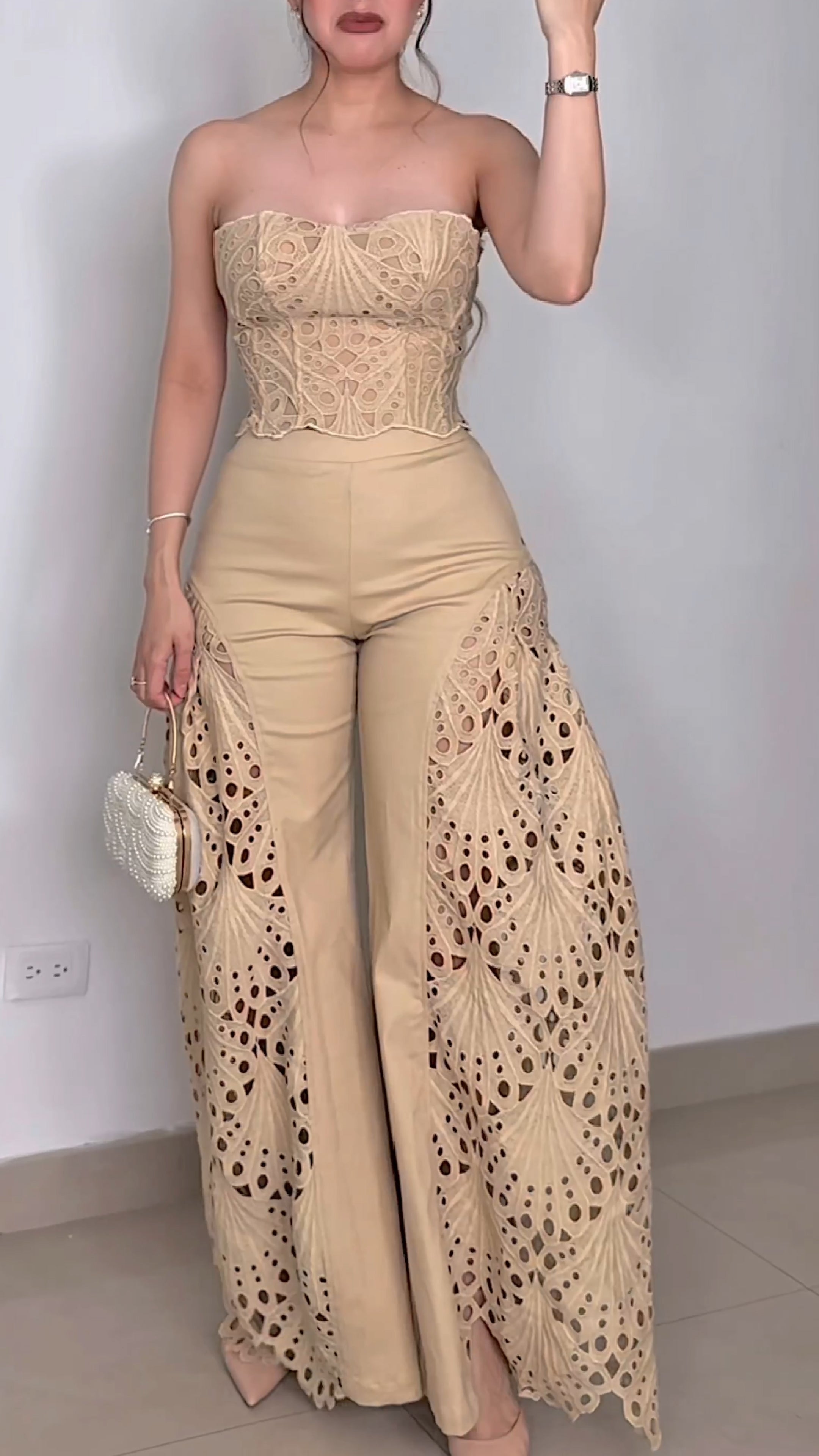 Sexy Strapless Hollowed Top Pants 2 Piece Set Women Chic Sol