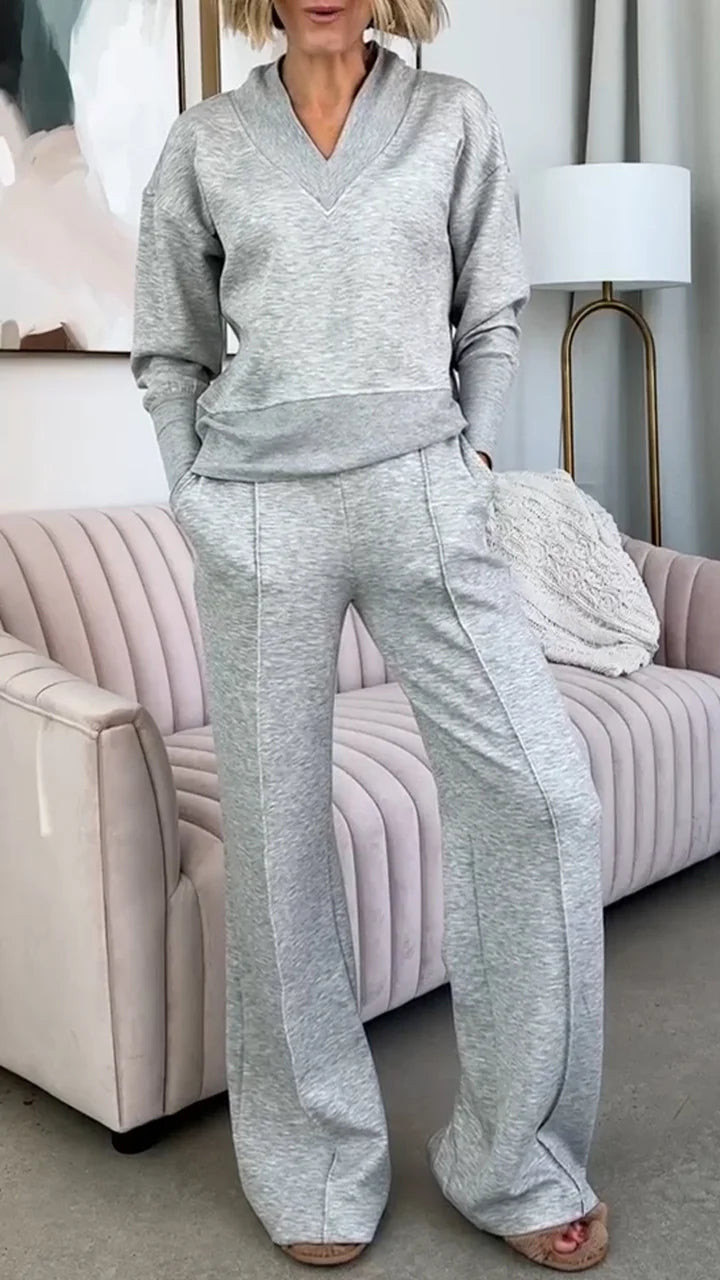 Women's V-neck two-piece set, women's sweatshirt set, autumn clothing
