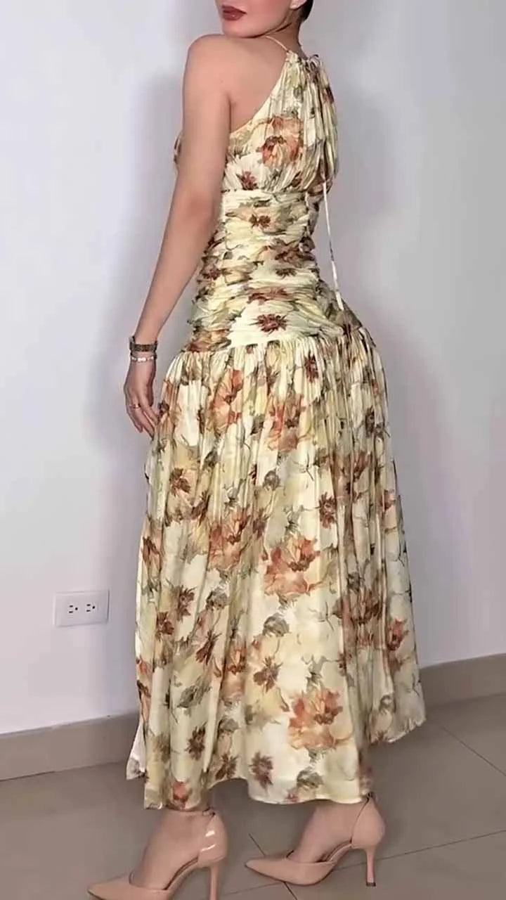 Summer Floral Print Ruched Halter Midi Dress