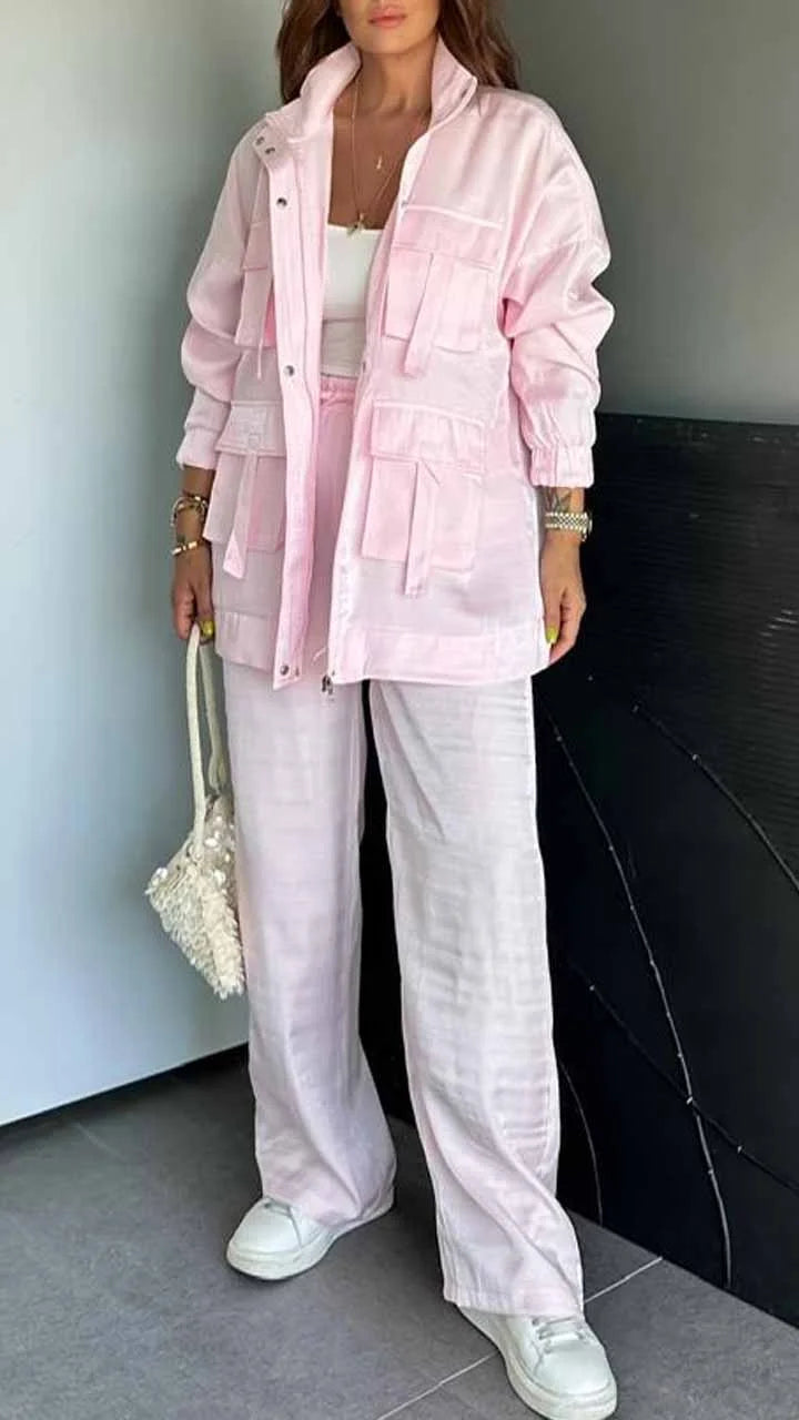 Msendam Kadın Oversize Safari Ceketli Parlak Takım -(pantolon / ceket)