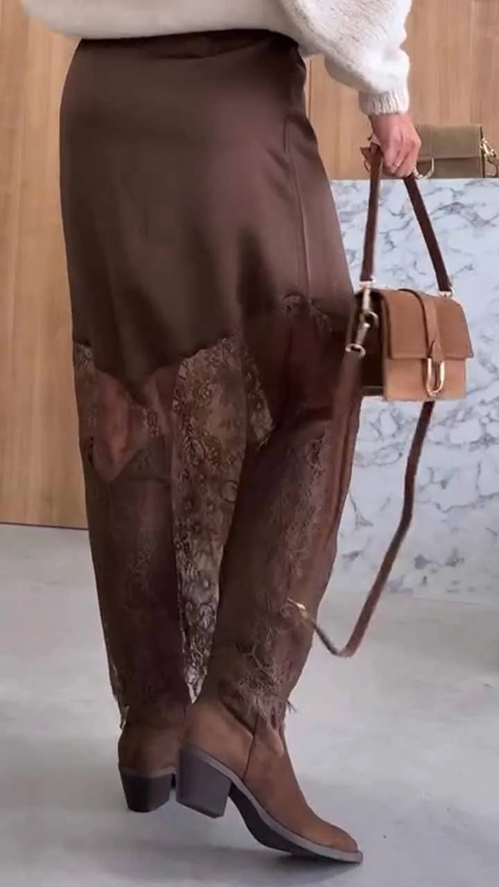 Satin Lace Patchwork High Rise H-line Maxi Skirt