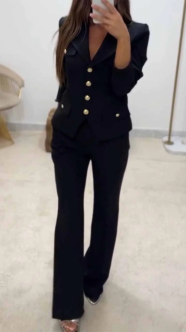 Ekim Store Gold Düğmeli Kemerli İkili Blazer Takım