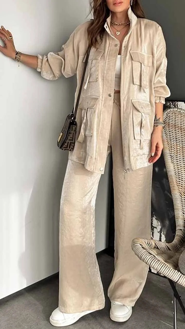 Msendam Kadın Oversize Safari Ceketli Parlak Takım -(pantolon / ceket)